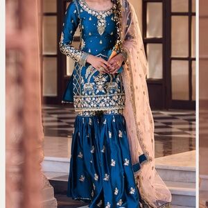 Teal and Peach Embroidered Gharara Suit